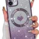 Bonoma Magnetic Glitter for iPhone 12 [ Compatible with MagSafe ], Luxury Love Heart Pattern Plating Bling Clear Case,Camera Protection Sparkly Slim Soft Back Cover for Women Girls,Purple