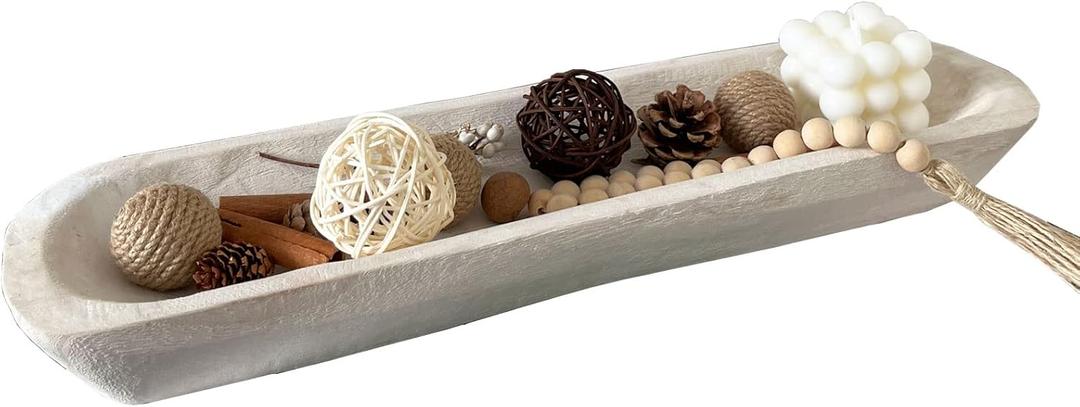 Wooden Dough Bowls DecorativeRustic Bread Long Bowls Decor Wood Tray, Hand Carved For Table Centerpiece Decor, Home Decor(20 * 6 * 2 inch white)