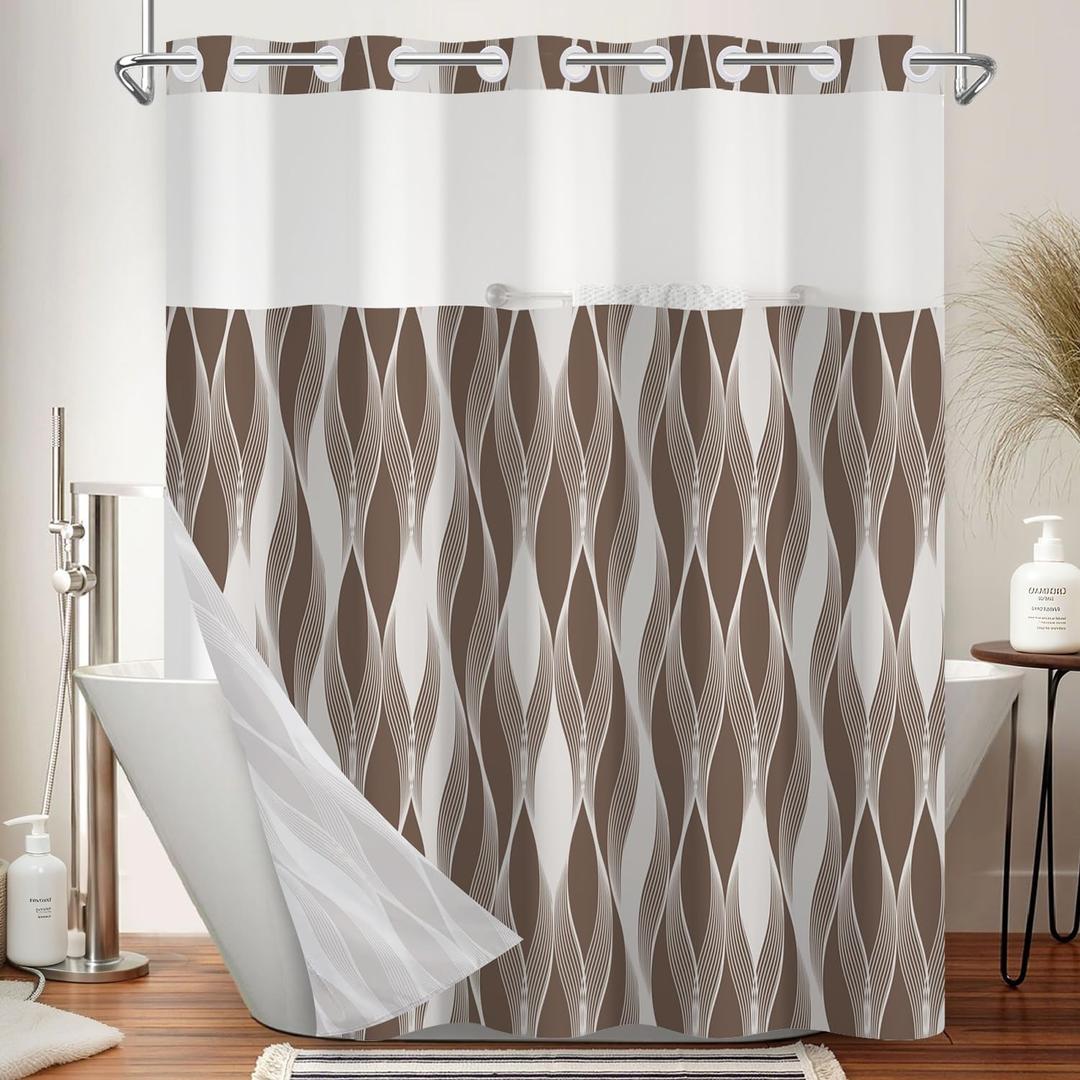 No Hook Shower Curtain and Liner Set, Taupe Neutral Abstract Wave Print Waterproof Double Layer Bath Tub Curtain with Mesh Top for Modern Farmhouse & Minimalist Bathroom Decor, 71W x 74H