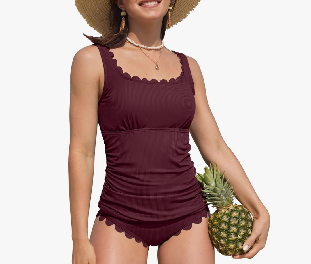 Womens Two Piece Ribbed Tankini Swimsuits Scalloped Tankini Tops with Bottoms Tummy Control Bathing Suits XL