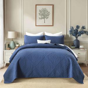 Navy Blue BeddingCotton Queen Size Comforter SetFarmhouse Printed Pattern BedspreadsSoft Cotton Quilt Solid Color Lightweight Bedspread All Seasons 3 Piece