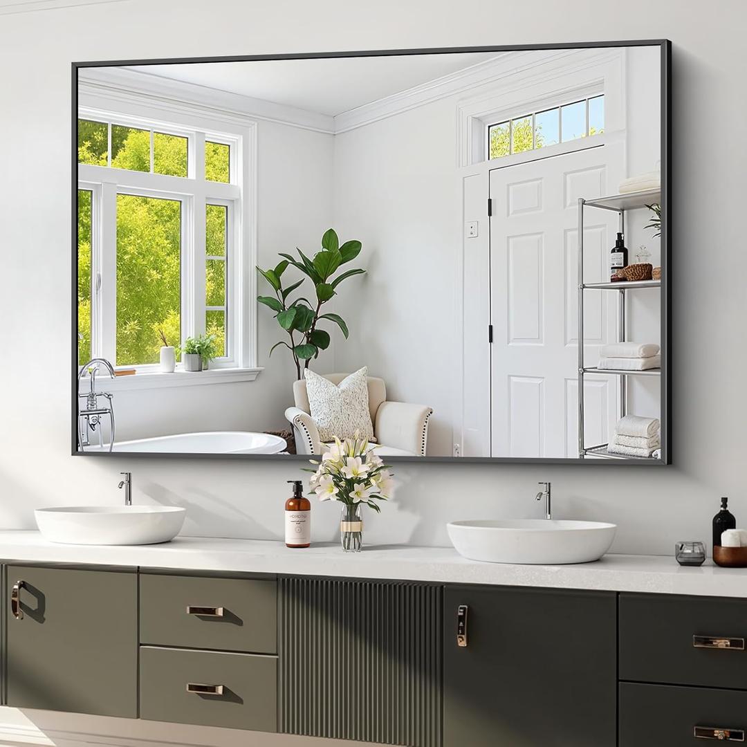 Koonmi Black Framed Bathroom Mirror - Shatterproof 36"x55" Tempered Glass, HD No Distortion, Horizontal/Vertical Mount, Modern Matte Aluminum Alloy Frame
