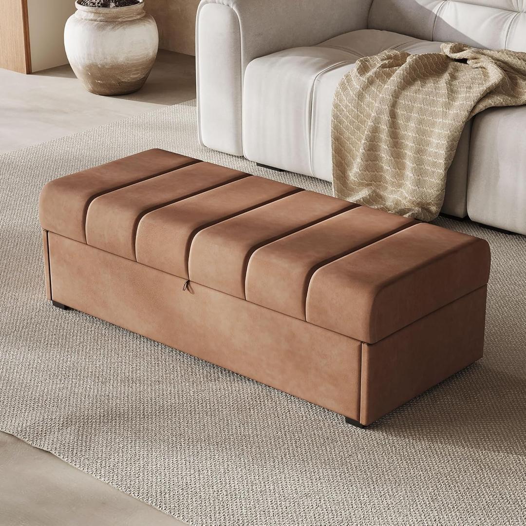 Ottoman with Storage, Storage Ottoman Bench with Safety Hinge, Large End Of Bed Bench, Upholstered Entryway Bench with Seating for Bedroom, Living Room, Put 500 Books,Brown