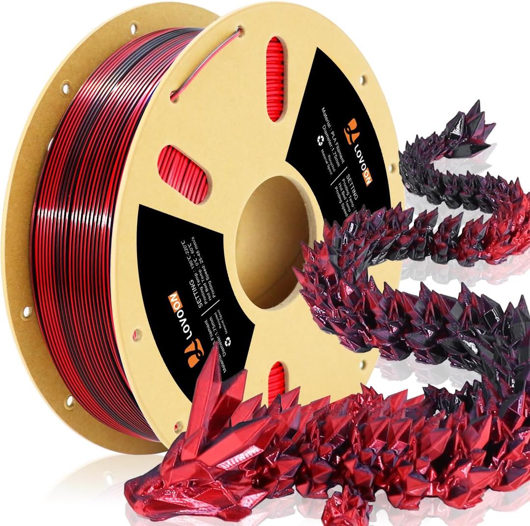 LOVOON PLA Filament 1.75mm Silk Dualcolors Red Black, Shiny Coextrusion PLA Filament, Color Change by Angle 3D Printing Filament, Silk Red Black, 1KG(2.2lb)/Spool