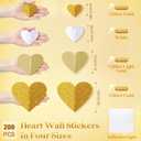 200 Pcs Heart Wall Decoration 3D Heart Stickers Glitter Paper Wall Decal for Office Bedroom Bathroom Wedding Anniversary Home Decor 4 Different Sizes(Gold and White)