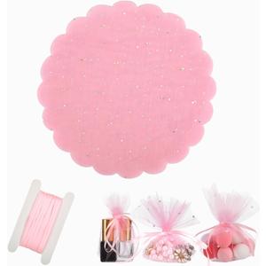 EBOOT 200 Pcs 9.4 Inch Organza Tulle Circles for Favors Round Tulle for Favors Sheer Organza Bags with Sequins and Ribbon Wedding Party Candy Jewelry Easter Gift Bag Christmas(Pink)