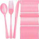 300 Pcs Plastic Silverware Heavy Duty Cutlery Set Plastic Utensils Set Includes 100 Disposable Spoons 100 Forks Knives for Parties Catering Family Gathering(Pink)