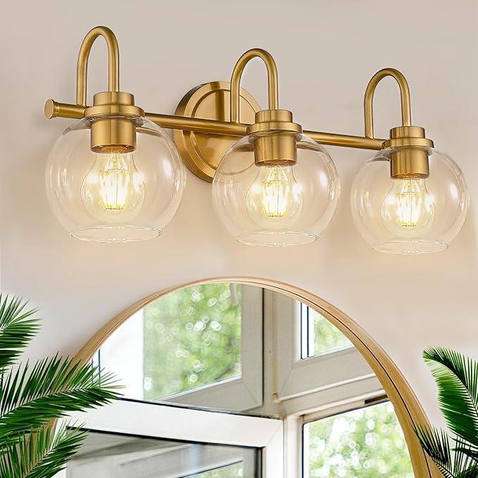 OUVR Gold Vanity Light, 3 Light Bathroom Light Fixtures, Modern Bathroom Vanity Lights Fixtures Over Mirror with Clear Glass Globe Shade, Gold Wall Sconces for for Mirror Bathroom Hallway (E26 Base)