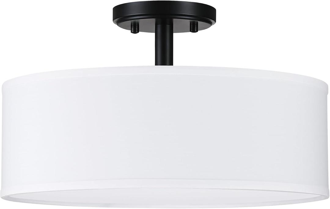 3 Light 15" Semi-Flush Mount Ceiling Light Fixture Off White Fabric Drum Shade Dark Grey Finish for Bedroom, Dining Room, Corridor, Living Room