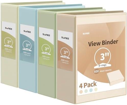 SUNEE 3 Ring Binder 3 Inch 4 Pack, Clear View Binder Three Ring PVC-Free (Fit 8.5x11 Inches) for School or Office Supplies, Neutral Aesthetic
