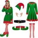 Elves Costume for Women,6-Piece Women's Christmas Costume with Dress Hat Ears Belt Shoes and Socks