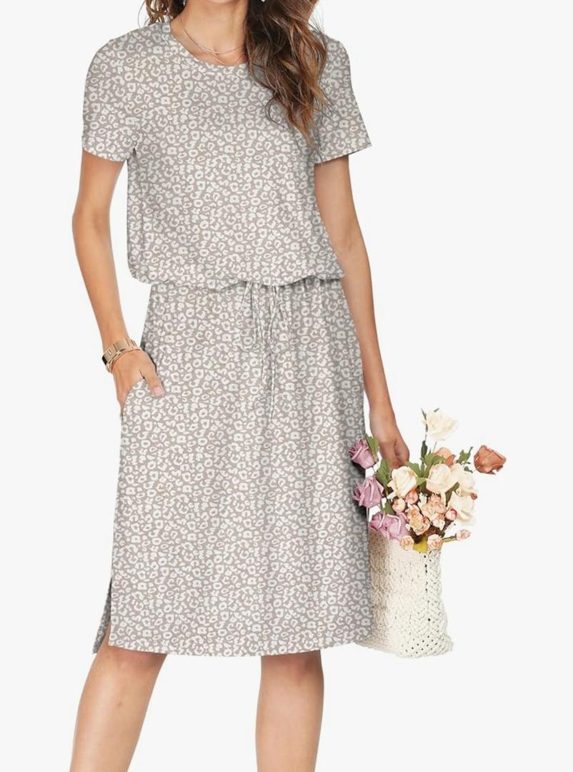 Simier Fariry Women Summer Midi Knee Casual Dress Pocket Hide Belly Short Sleeve Spring Work Travel Teacher Outfit (M)