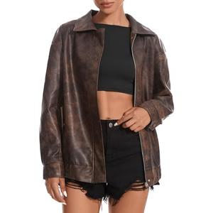 Casly Lamiit Women's Faux Leather Jackets Long Sleeve Zipper Oversized Motorcycle Biker Coat Trendy Travel Casual Outfits Small