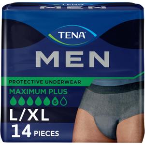 TENA Men Maximum Plus Disposable Underwear Male Pull On with Tear Away Seams Large/X-Large, 81920, 57, 14 Ct