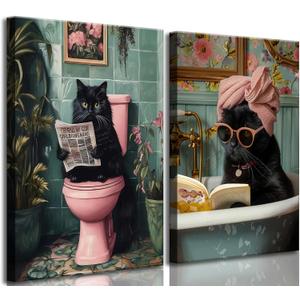 2 Pcs Funny Bathroom Cat Canvas Wall Art Black Cat Sitting on Toilet Reading Newspaper Bathe Paintings Pictures Wall Decor Poster Print Artwork for Toilet Washroom Home Decoration
