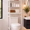 BAMBANG Over The Toilet Storage Rack, 3-Tier Over The Toilet Storage Shelf with 3 Hooks, Freestanding Above Toilet Bathroom Organizer Shelves for Space Saver Storage, Bamboo White