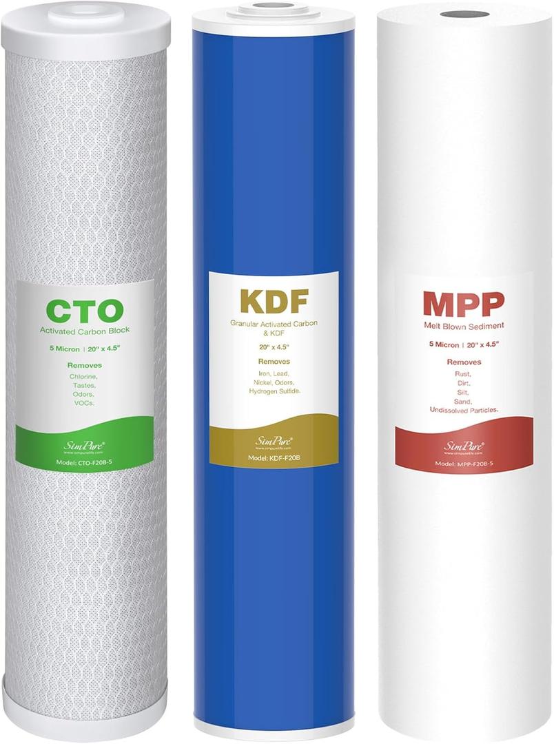 SimPure Whole House Water Filter Cartridges 5 Micron 20" x 4.5" PP+CTO+GAC/KDF 3-Stage Sediment Carbon and Heavy Metal Filter Set, for DB20P-3KDF, WGB32B-KS, DGD-5005-20, FC25B, 1 Set
