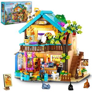 City Pet Shop Building Set with Lights, Cozy Pet Store Construction Toy with Cats Dogs, Cute Animal Store Miniature House Model Building Block Kit for Adults Kids Boys Girls Ages 8-12+