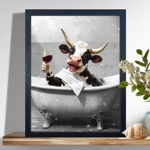 Framed Bathroom Wall Decor, Funny Cow Bathroom Wall Art Farmhouse Canvas Print, Black and White Cow Pictures Framed Animal Painting Print Artworks (10"L x 8"W)