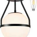 Bagood 10" Mid Century Ceiling Light Modern Semi Flush Mount Ceiling Light Fixture Globe Ceiling Light Fixture with Milk Glass Shade Matte Black Finish for Kitchen Island Hallway Foyer (Bulb Incl.)
