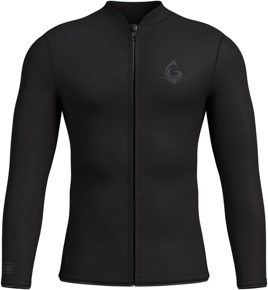 GoldFin Mens Wetsuit Top, 3mm Wetsuits Men Neoprene Jacket Long Sleeve Wet Suits for Water Sports Diving Surfing Kayaking Swimming (Small, Plain-black)