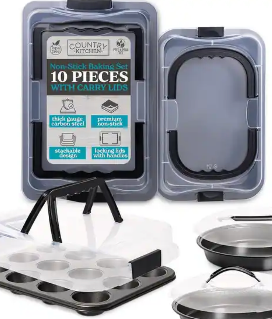 Country Kitchen Baking Pans Set 10 Piece Non-Stick Cake Pans with Carry Lids for Storage & Travel, Perfect for Parties Stackabl