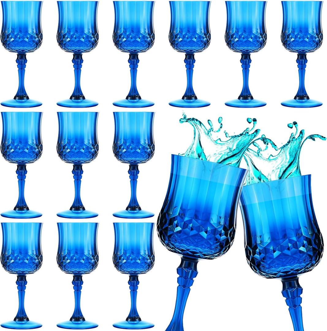 Pinkunn 12 Pcs 7 oz Plastic Vintage Glasses Reusable Colored Goblets Patterned Drinking Water Glasses Cup Dishwasher Safe for Valentine's Day Wedding Reception Party Supplies (Dark Blue)