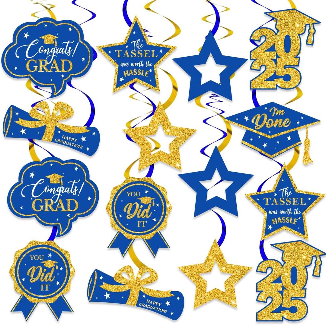 16 PCS Blue and Gold Graduation Decorations Class of 2025, Graduation Hanging Swirls Blue and Gold Congrats Grad Hanging Swirl for Graduation Party Supplies
