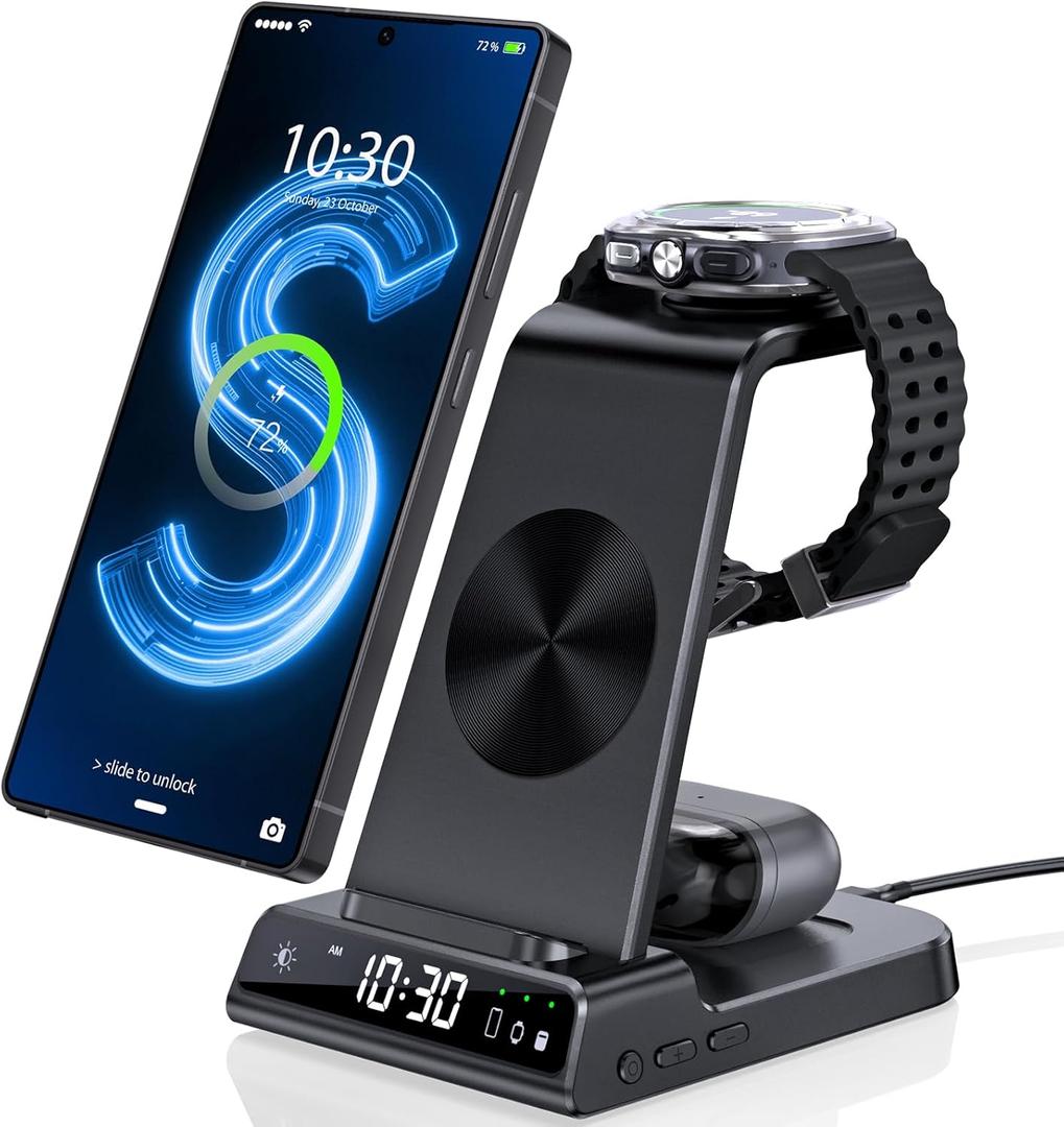 Wireless Charger for Samsung Charging Station with Clock for Samsung Galaxy S25 Ultra/S24 Ultra/Z Fold 7/6/Flip7/Bud, 3 in 1 Android Charging Station, Watch Charger for Samsung Galaxy Watch 8/7/6/5Pro (Black)