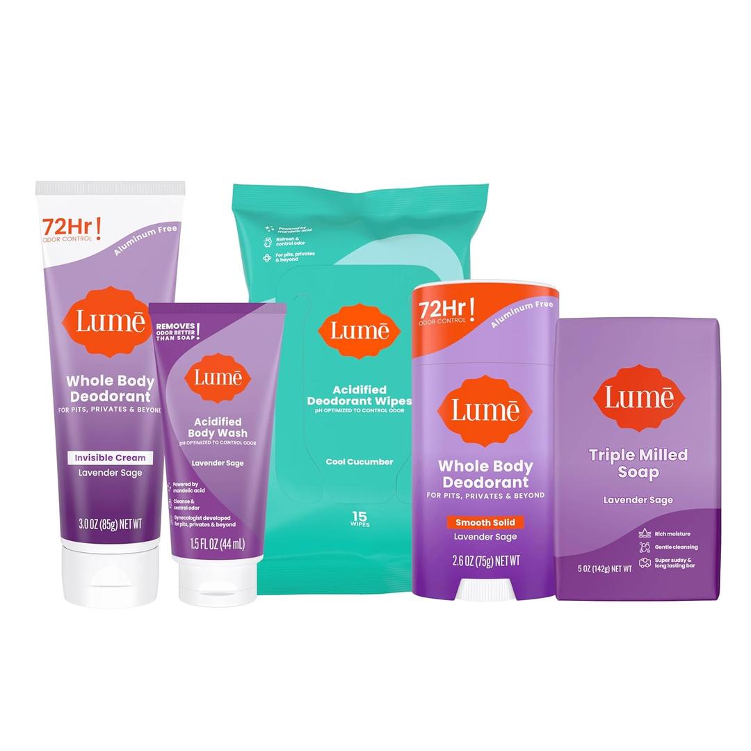 Lume Skin Care Gift Set for Women, Whole Body Deodorant Starter Pack - Smooth Solid Stick, Invisible Cream Tube, Acidified Body Wash Mini & Deodorant Wipes - Aluminum Free Odor Control (Lavender Sage)
