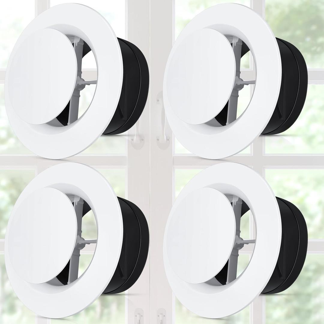 Baquler 4 Pcs 8 Inch Round Air Vent Cover, Adjustable Ceiling Diffuser Vent Bulk, ABS HVAC Cover for Ceiling & Wall, Soffit for Bathroom Kitchen Attic, Easy Install, White