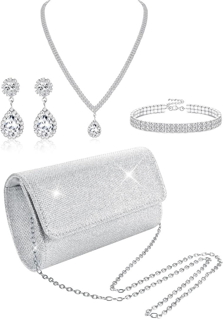 Subiceto 4Pcs Silver Clutch Purse Jewelry Set for Women Evening Rhinestone Purse Crystal Necklace Earrings Bracelets Set Silver Accessories for Women Bride Wedding Jewelry Lightweight