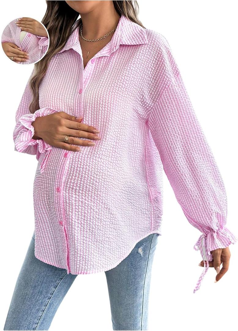 MakeMeChic Women's Maternity Blouse Spring Striped Long Sleeve Pregnancy Button Down Shirts (Pink, XL)
