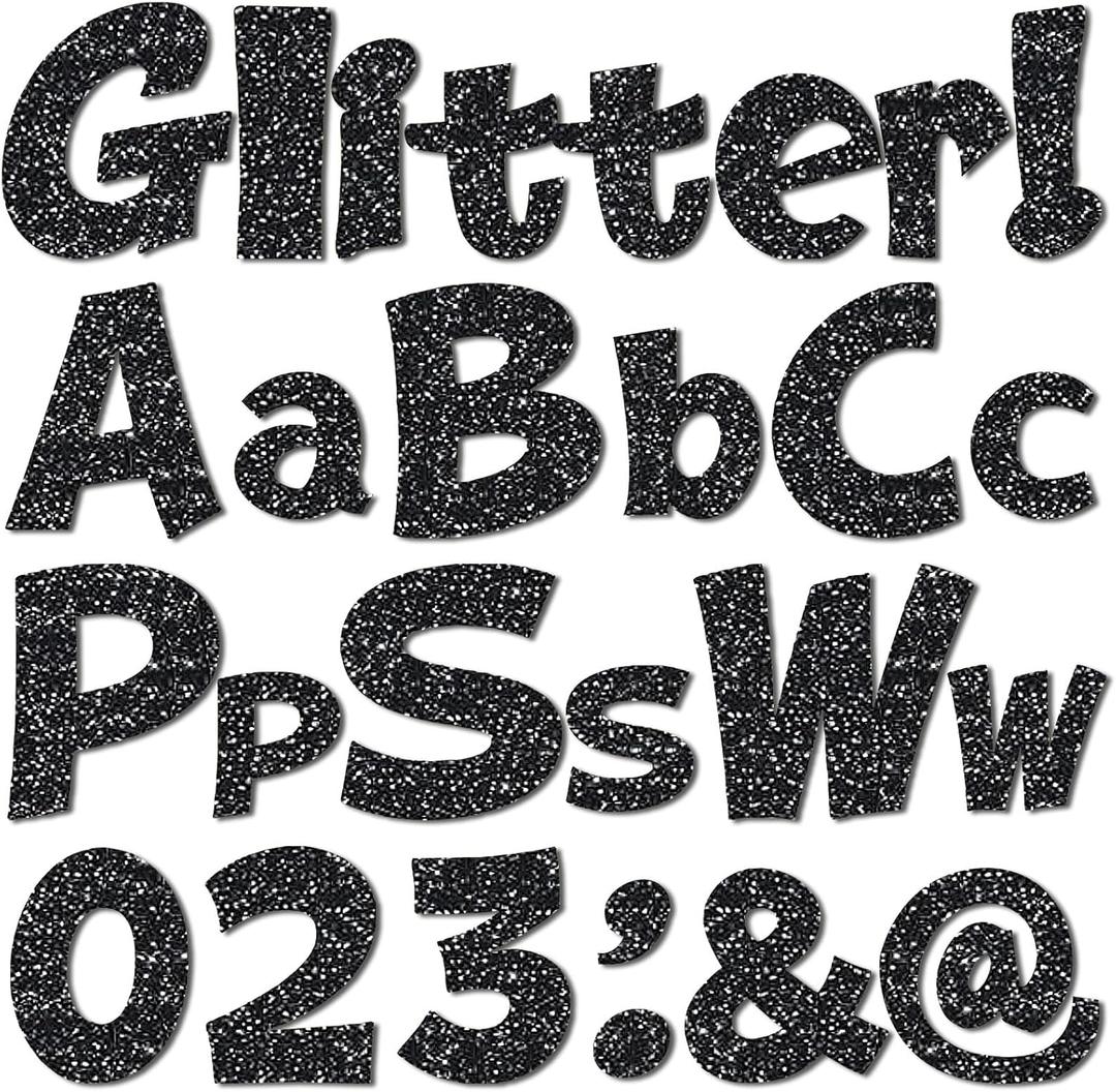 Colarr 144 Pcs Glitter Bulletin Board Letters for Classroom Number Alphabet Punctuation Symbol Cutout 4'' Die-Cut Poster Letter with Adhesive Dot School Party Holiday Decor Display(Black)