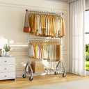 HYSEYY Heavy Duty Clothes Rack, Double Rod Clothing Rack for Hanging Clothes, Rolling Garment Rack, Adjustable Freestanding Wardrobe Closet Coat Rack for Bedroom Laundry Living Room, Silver, 18.7"D x 39.37"W x 74.17"H
