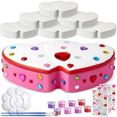 Teenyyou Paintr Your Own Ceramic Jewelry Boxes Craft Set Include Unpainted Jewelry Storage Organizer 2 Strips of Paints with 2 Brushes 1 Palette 3 Diamond Stickers (Double Heart)