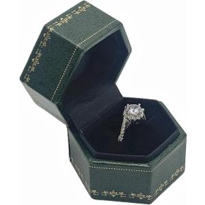 Velvet Ring Box - Octagon Engagement Ring Box with Hinged Lid for Proposal Engagement Wedding, Proposal Ring Case Jewelry Box with Gold Lace PRB020-Dark Green