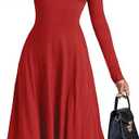 LYANER Women's Square Neck Long Sleeve Empire Waist A Line Flare Solid Midi Dress, S