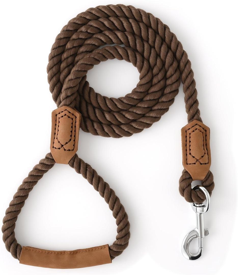 Mile High Life Dog Leash, Braided Cotton Rope Leashes with Leather Handle - Heavy Duty Metal Clasp, 5FT, 1/2" Thick - Wedding, Walking & Training Leash for Small Medium Large Dogs (Dark Brown)