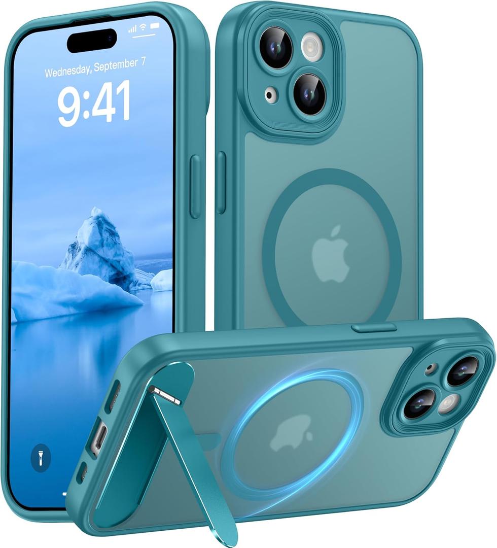 Magnetic Compatible with iPhone 15 Case, [Built-in Invisible Kickstand][Compatible with MagSafe][Full Camera Protection] Translucent Matte Phone Case for iPhone 15 6.1" Lake Blue