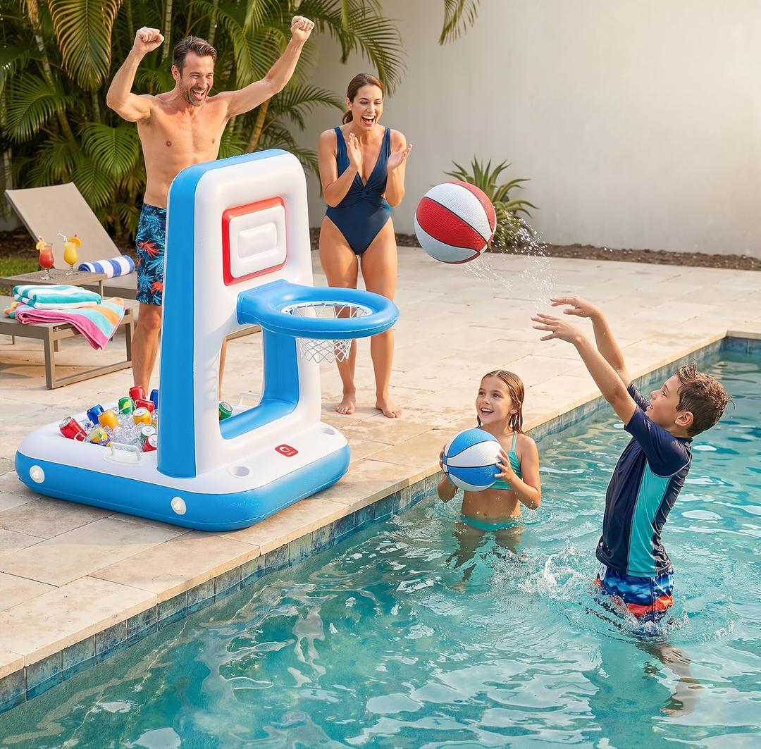 QPAU Pool Basketball Hoop with Built-in Cooler, 42" Poolside & Floating Inflatable Basketball Hoop for Family Pool Party Swimming Pool Games for Kids & Adults, Includes 2 Balls & Pumps