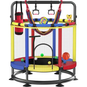 Trampoline for Kids, Full Anti-Rust 440lbs Anti-Rollover Round Bottom Toddler Trampoline, T-handrail Adjustable Baby Toddler Trampoline Basketball Dart Board (Blue Red Yellow, 55)