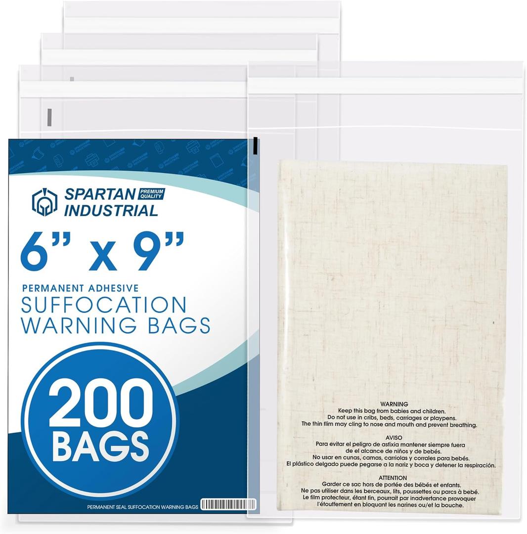 Spartan Industrial - 6 X 9 (200 Count) Self Seal Clear Poly Bags with Suffocation Warning for Packaging, Shipping - Permanent Adhesive