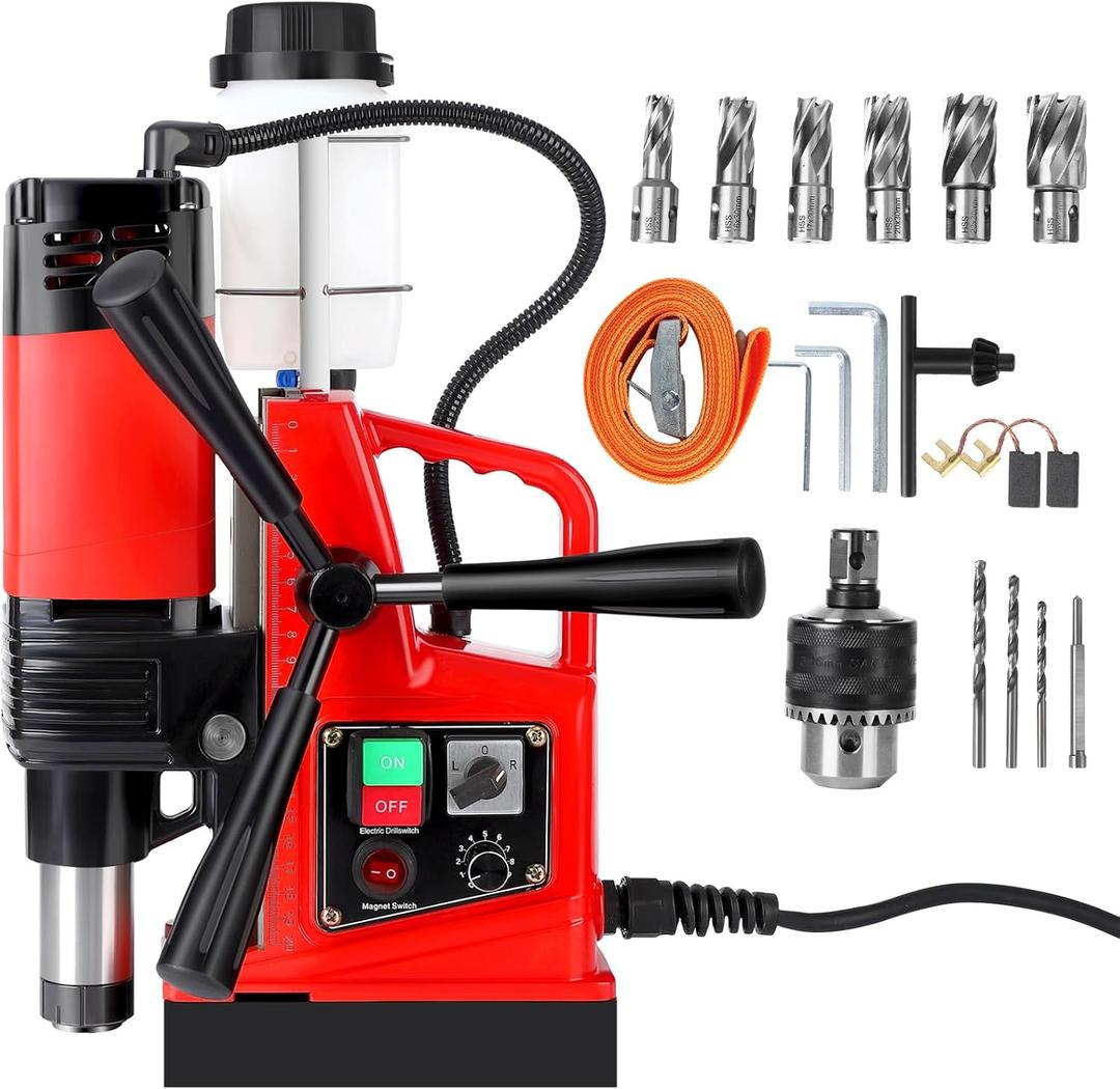 1400W Magnetic Drill Press, 810 RPM, 2 Inch Boring Diameter, Double Track, Portable Magnetic Drill with 6Pcs Drill Bits for Metal Surface, Industrial and Home Improvement