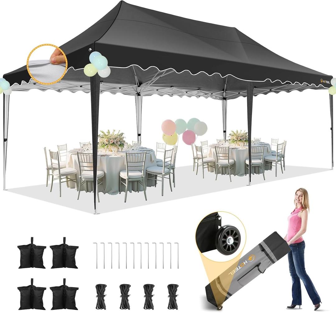 HOTEEL 1020 Pop Up Canopy, Canopy Tent UV 50+ and Waterproof, Thickened Frame, Large Space Easy Pop Up Canopy, Outdoor Canopy for Weddings, Beaches, Parties, Patio (Dark Black)