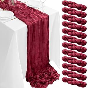 12Pack Burgundy Table Runners 10FT Cheesecloth Table Runner 35x120inch Cheese Cloth Table Runner Rustic Boho Gauze Table Runners for Party Wedding Birthday Dining Bridal Baby Shower Decor
