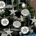 2 x Coastal Christmas Tree Hanging Decor Wooden Ornaments Starfish, 12 Pcs Beach Christmas Ornaments Seashells Sanddollar for Nautical Xmas Tree Fireplace Home White Decoration