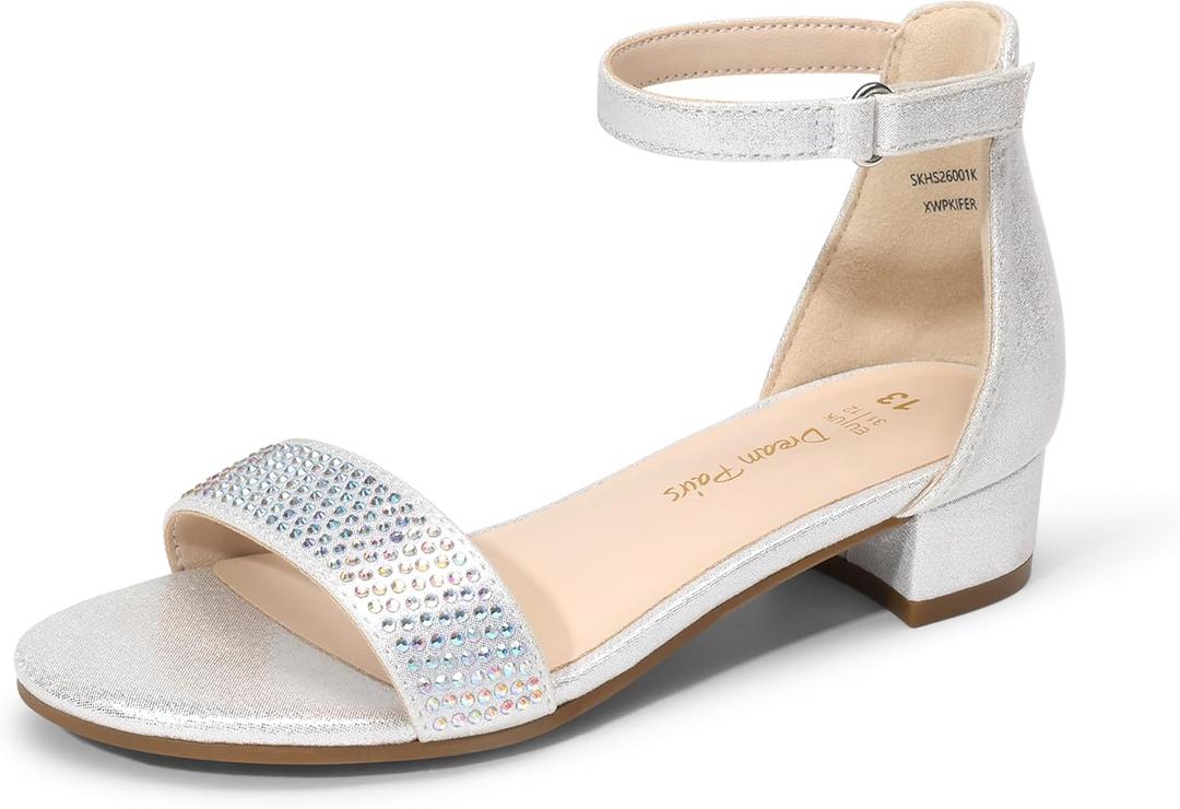 DREAM PAIRS Girls Sandals Low Heel Dress Pump Ankle Strap Flower Wedding Party Shoes for Little Kid/Big Kid (Silver, 13 Little Kid)