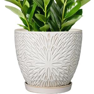 G EPGardening 10 Inch Ceramic Planter Pot with Drainage Hole and Saucer Large Plant Pot for Indoor Plants Outdoor Round Flower Pot for Home Garden Office White