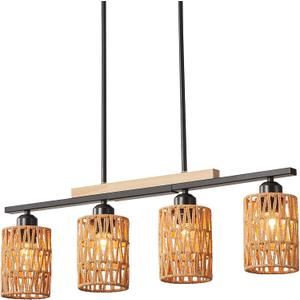 Farmhouse Linear Ratten Chandelier, Black Finish Wood Pendant Light Fixtures Over Table, Adjustable Height Kitchen Island Light Dining Room 4-Light